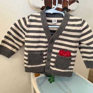 GAP Grey & Ivory Striped Baby Cardigan with Red Apple Detail
